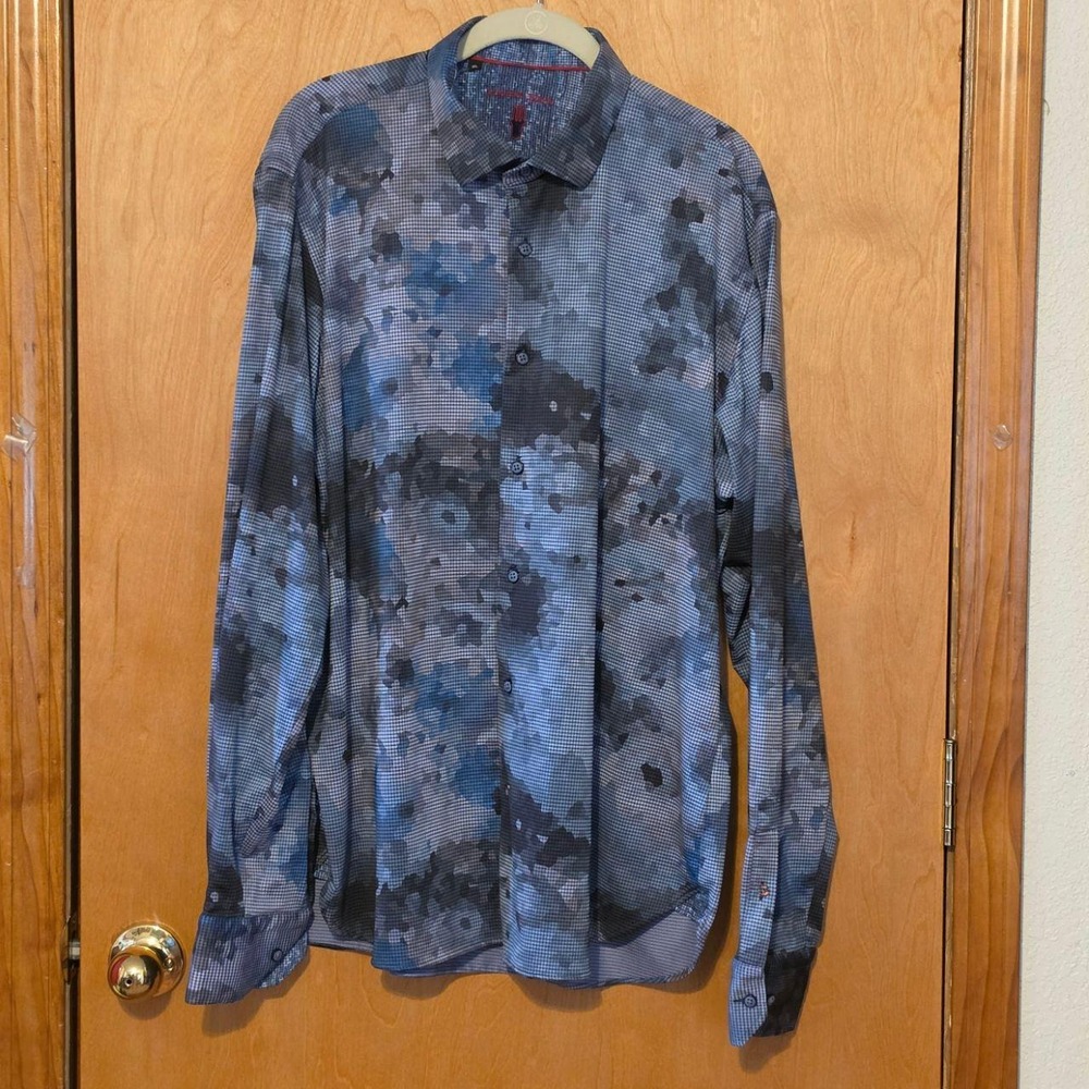 Luchiano Visconti Mens Blue Camo Knit Cotton Blend Shirt Visconti Black XL 4383